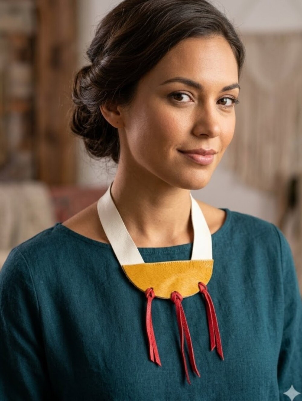 Handmade Genuine Leather Haircalf Bib Statement Necklace-Gold/Red 061